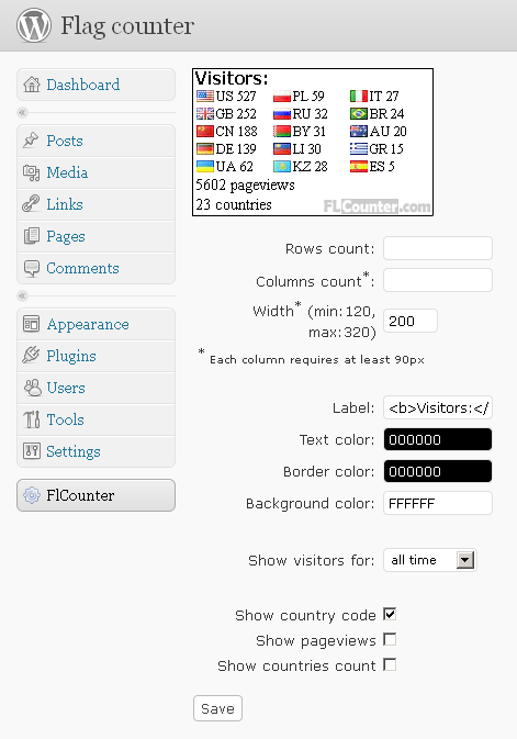 WP-Admin page: FLCounter settings WP-Admin page: FLCounter settings